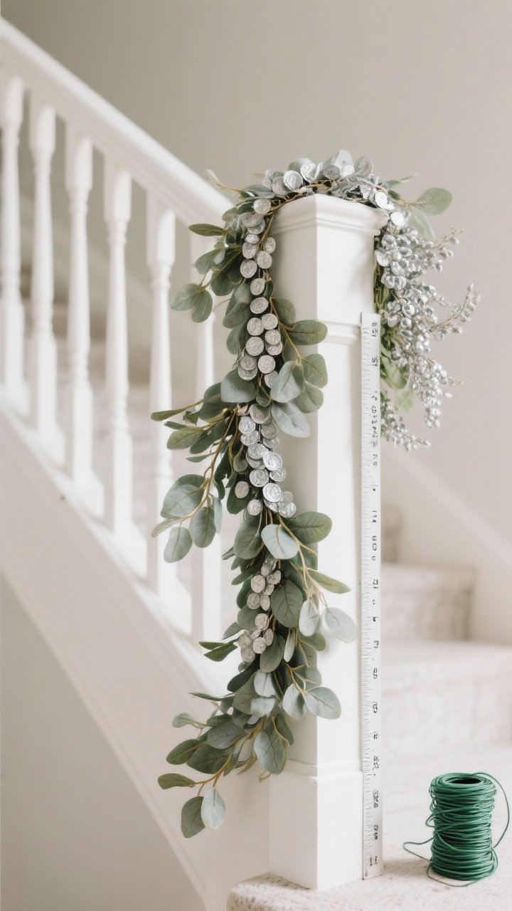 Closeup detail shot, angled from the side of a banister rail, focusing on hands-free elements showing fluffed and shaped faux eucalyptus strands: leaves bent outward and downward to mimic natural fall, the garland spine subtly curved to match the railing’s sweep. Two styles layered—seeded and silver dollar—overlapped by 6–8 inches and wired together to cheat length, with one end intentionally fuller for a dramatic newel post moment. Neutral, soft daylight with gentle shadows accentuating leaf veining and the matte, real-touch texture. Include a discreet measuring tape along the rail and a small coil of green wire nearby for context; background softly blurred balusters in white.