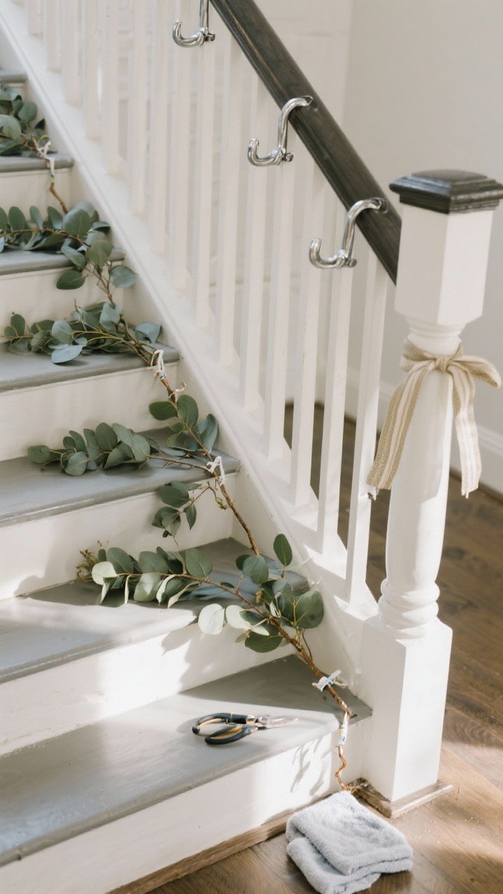 Closeup overhead detail of the final finesse near mid-stair: balanced eucalyptus with visible negative space, extra sprigs neatly filling small gaps, shiny plastic stem ends trimmed clean with wire cutters resting nearby. Discreet additional zip ties at every third hook for kid/pet-proofing, ends anchored with a hidden tie around the newel post covered by ribbon. The stair tread edge is clear—nothing dangling where feet or paws could catch. Soft natural daylight with crisp shadows highlighting leaf edges; a microfiber cloth set to the side hints at weekly dusting; mood: polished, secure, season-proof and ready for subtle seasonal swaps.