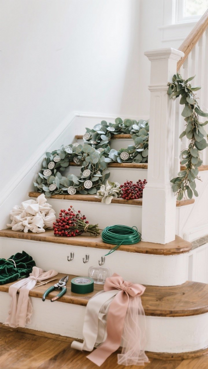 Medium shot, straight-on view of a staircase landing styled with gathered supplies laid out neatly on a natural wood step: faux eucalyptus garlands (seeded and silver dollar styles) coiled in lush bundles, soft realistic faux berry stems in white, deep red, and muted blush, green floral wire, green zip ties, a roll of floral tape, clear Command hooks, a set of soft fabric banister garland ties, sturdy wire cutters, and ribbons in velvet, satin, and gauze textures in muted neutrals and blush. Bright natural daylight from a nearby window, photorealistic detail on textures: matte real-touch eucalyptus leaves, satin sheen on ribbon, slightly frosted berry skins, and the metallic bite of wire cutters. Mood: simple, organized, affordable, and chic; no people, clean background with a white wall and a painted newel post to hint at staircase context.