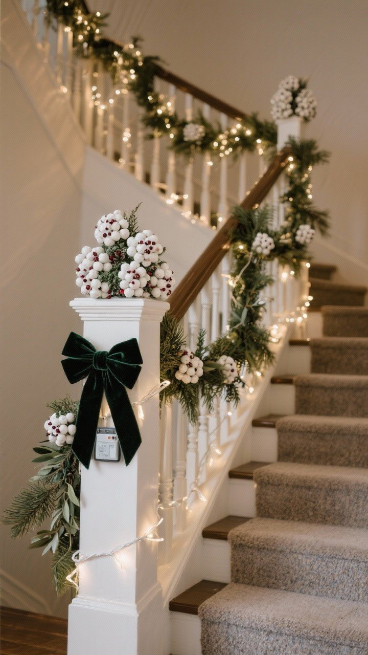 Medium shot, three-quarter angle along the staircase focusing on the designed layering: clusters of faux berries in groups of three—one large hero cluster at the newel post and smaller clusters spaced every 18–24 inches—wired to the garland spine so they don’t spin. Accent greens (short 4–6 inch cedar and olive sprigs) tucked for texture and contrast. Short trailing ribbon moments at intervals to cover tie points, plus a sleek velvet bow at the newel post; warm-white fairy lights with a thin wire woven lightly through, their battery pack hidden behind the newel in a small ribbon pouch. Evening ambient lighting with the fairy lights glowing warmly; color strategy: choose one berry color (e.g., white for fresh and airy) for a cohesive, designer look.