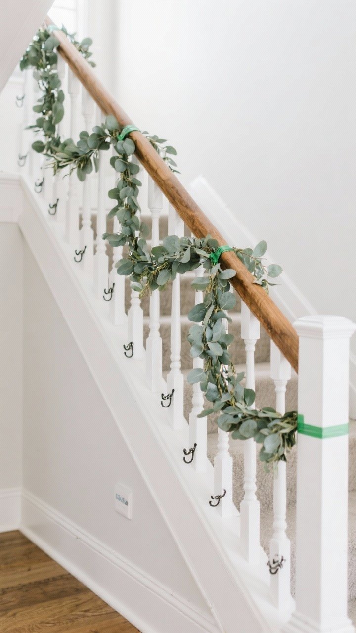 Wide shot of an elegant staircase from a lower corner angle, showcasing professional base installation: Command hooks or fabric banister ties placed every 18–24 inches along a white-painted railing with natural wood handrail; hooks angled downward so the garland nestles into the curve. The faux eucalyptus garland runs in soft swoops every second or third spindle, starting at the top and descending gracefully. Green zip ties are visible but subtly tucked beneath leaves; a hint of floral tape conceals any shiny bits. Add tiny squares of painter’s tape under a few hooks on a glossy rail for accident-proofing detail. Bright, even daytime lighting; clean walls; mood: secure, polished, no scratches, no slips.