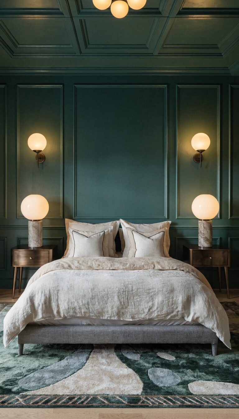 centered queen bed on main wall, low-profile frame
