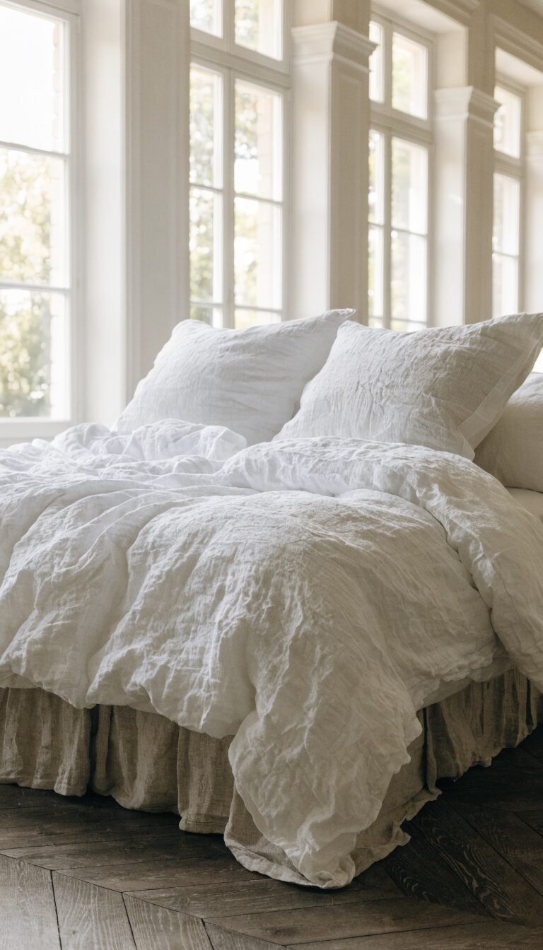 low-profile platform bed, no footboard, white bedding