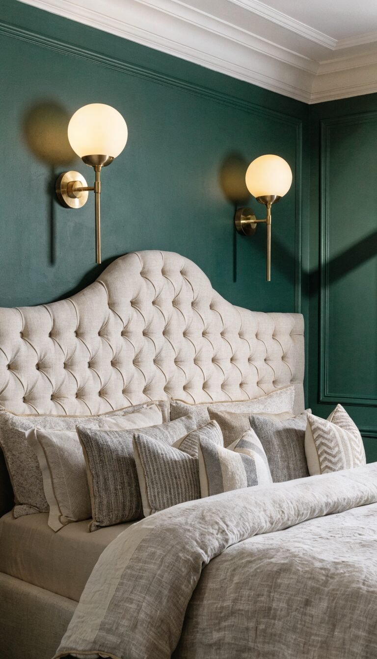 wall-mounted sconces above bed, no nightstands