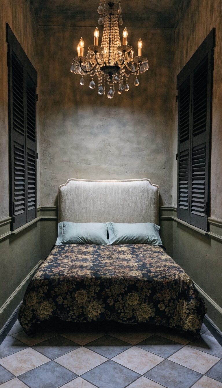 narrow room avoided, bed centered, symmetrical pillows