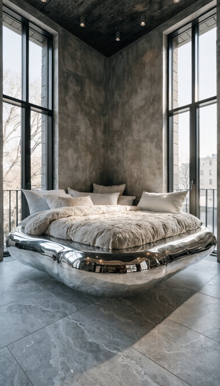 corner-floated bed, open pathways both sides
