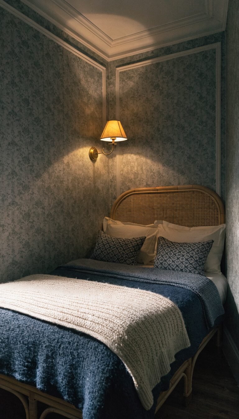 micro bedroom, bed against wall, single sconce