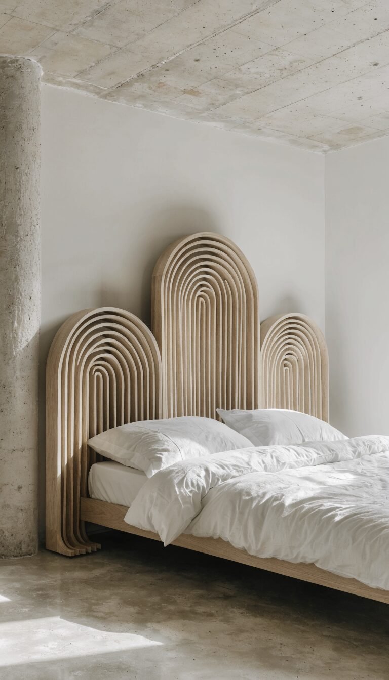 minimalist headboard, low frame, uncluttered floor