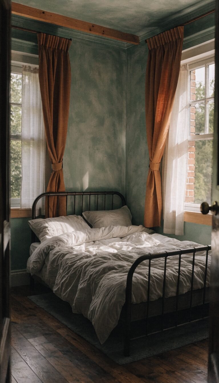 small room, bed centered, slim rug under bed