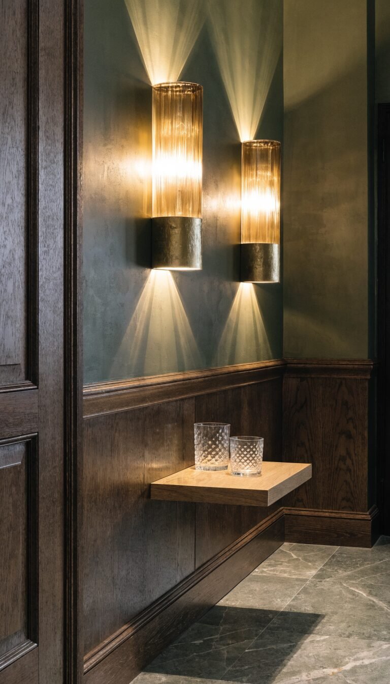 tight space, mounted sconces, slim floating shelf nightstand