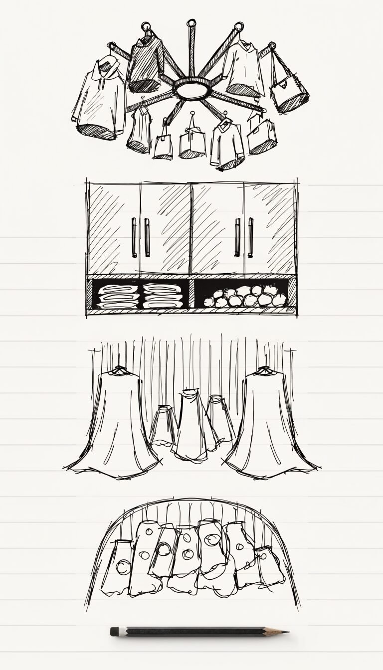 Sketched closet zones on notepad with pencil