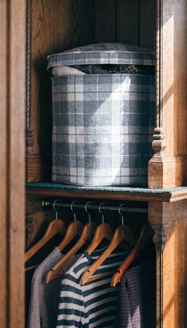 Seasonal storage bin on top closet shelf
