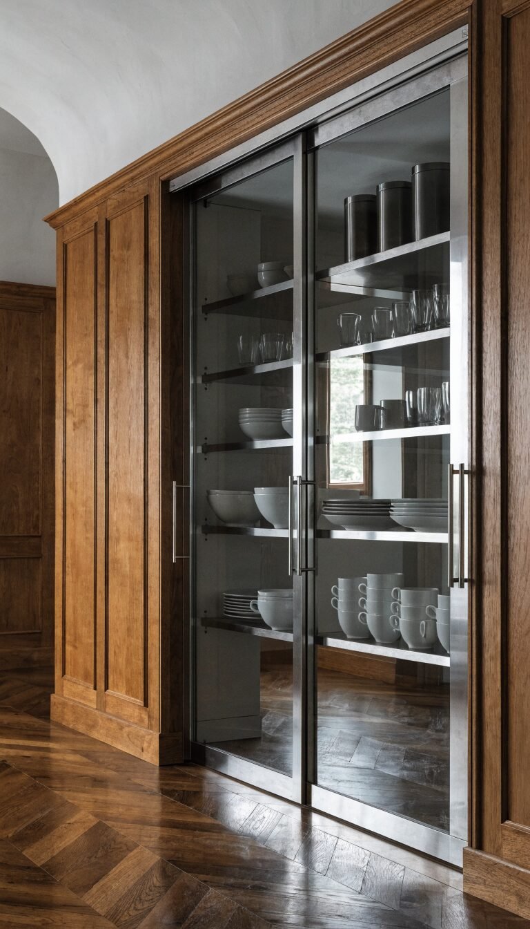 Sliding door track clearance above shelf edge