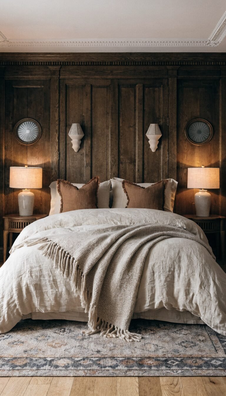 Queen bed with 24-inch rug overhang, balanced nightstands