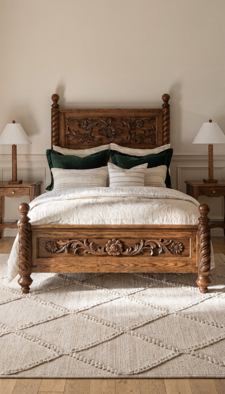 Full bed centered on rug, 12-inch footboard overhang