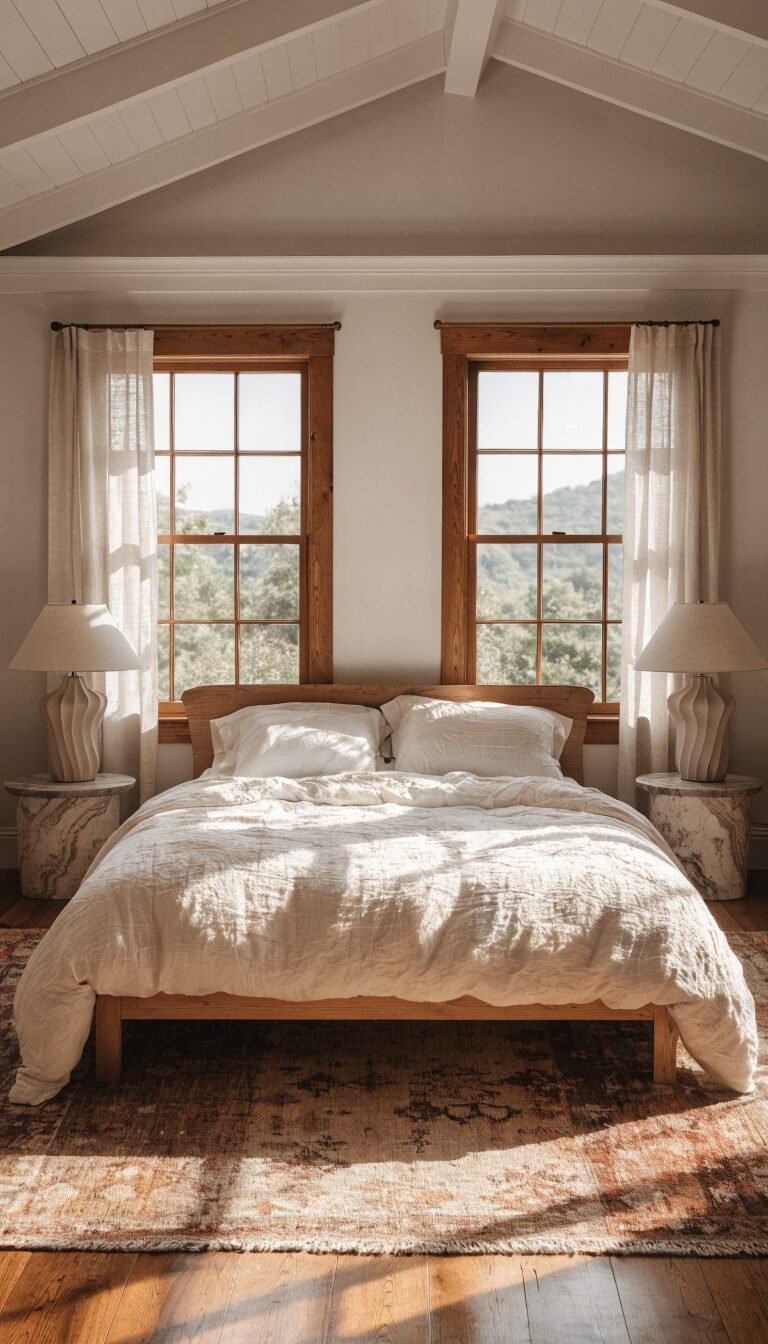 Low-profile bed, rug framing three sides evenly