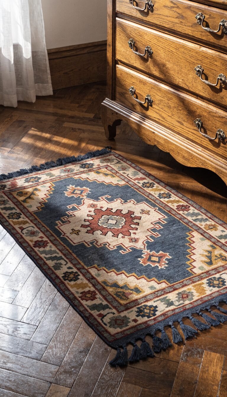 Rug stopping before dresser, clear 6-inch gap shown