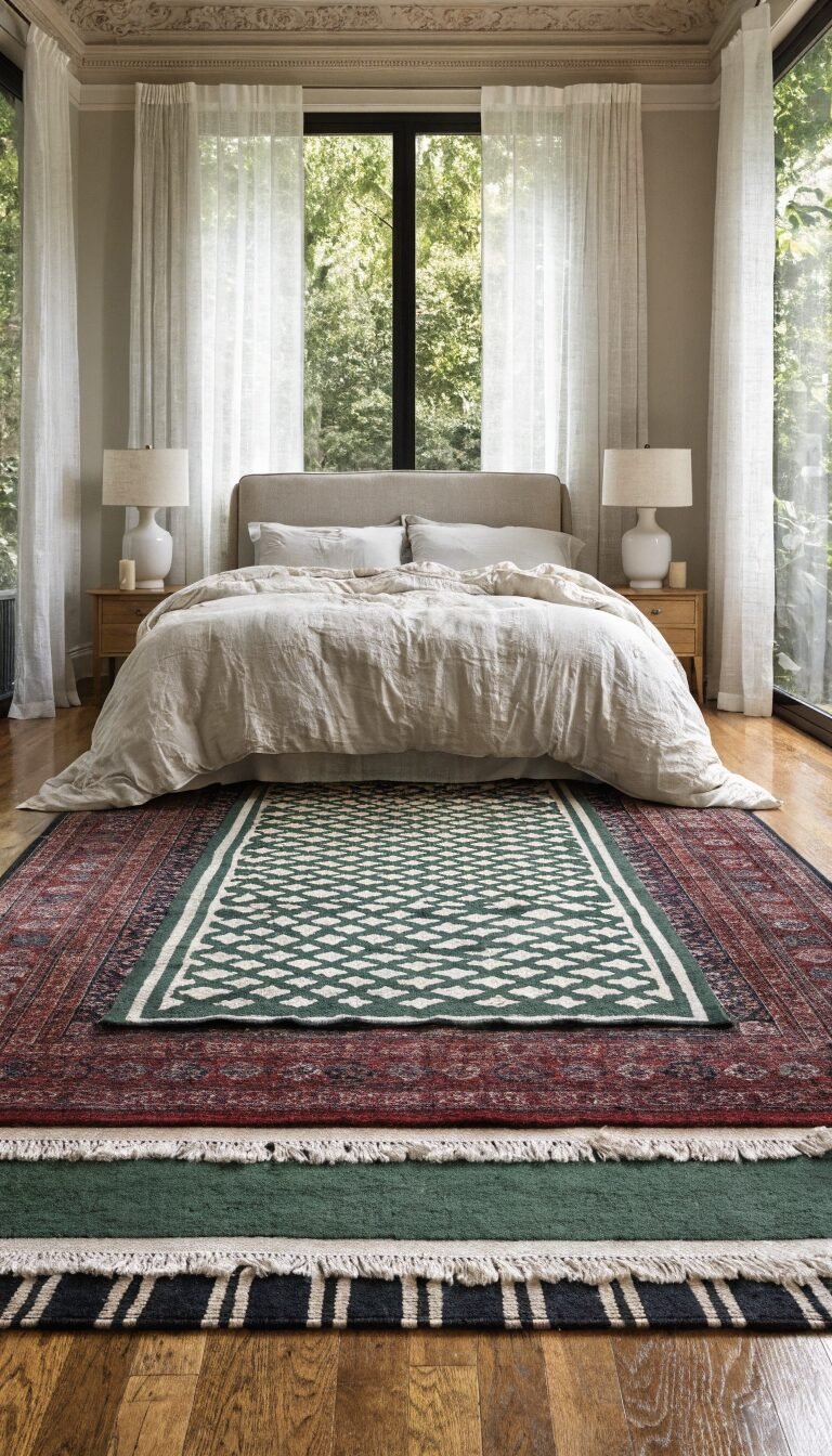 Layered rugs under queen bed, precise symmetrical overhang