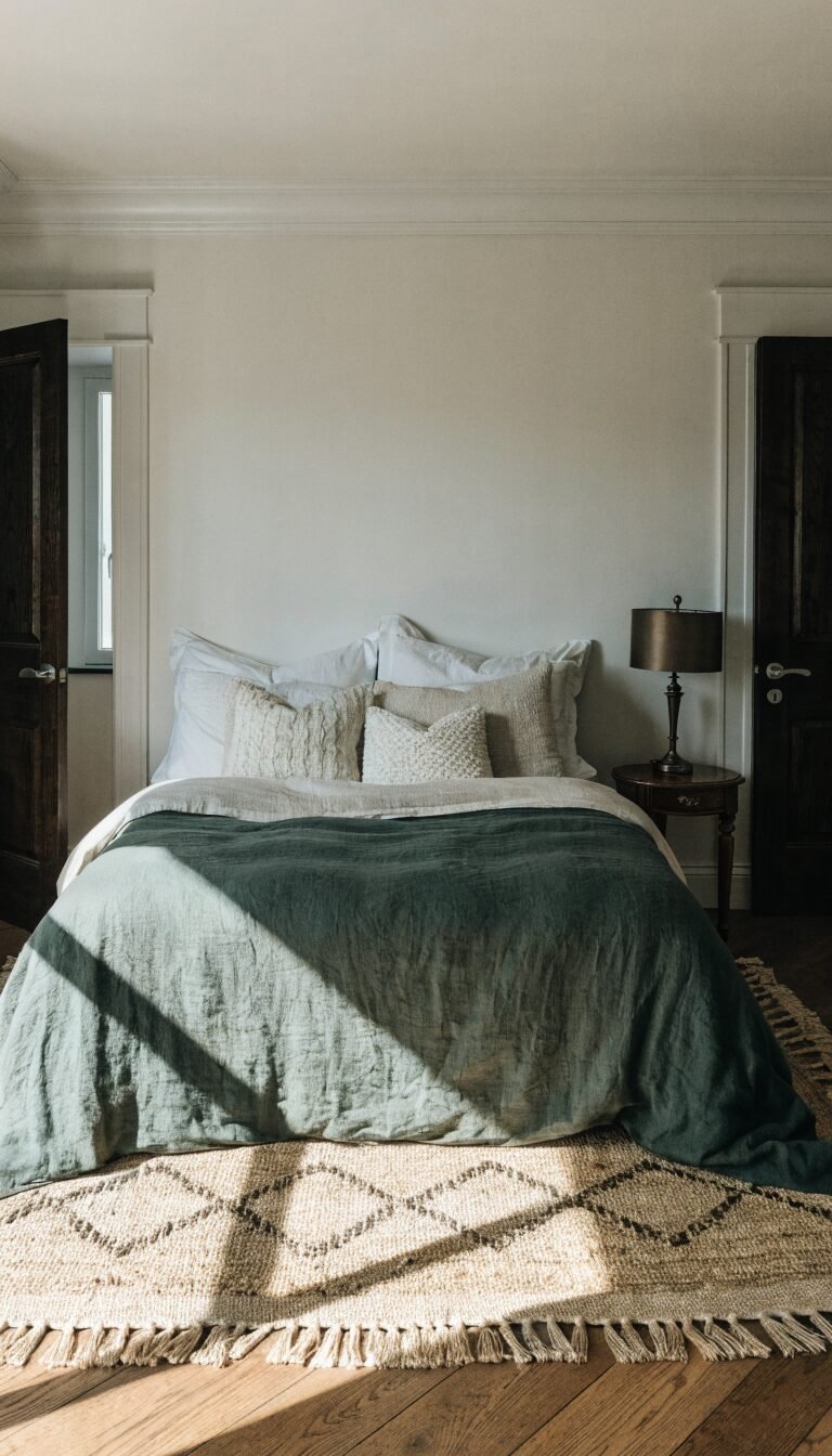 Neutral rug anchoring bed, equal side reveals visible