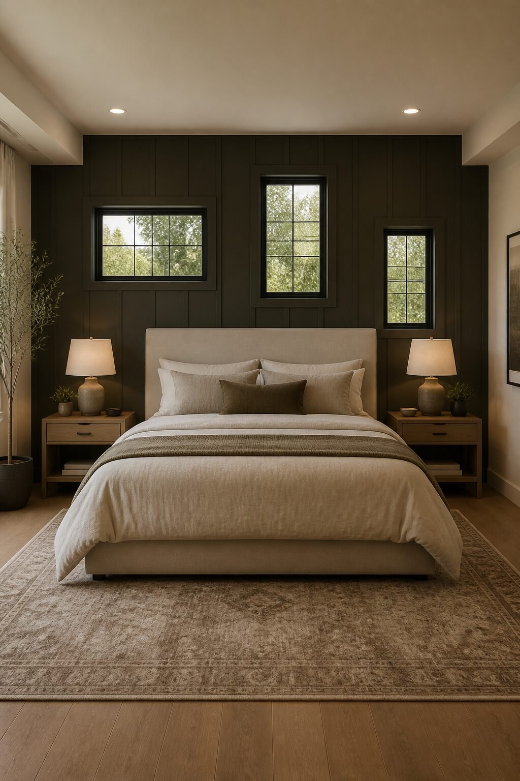 Queen bed centered on boss wall, three offset windows