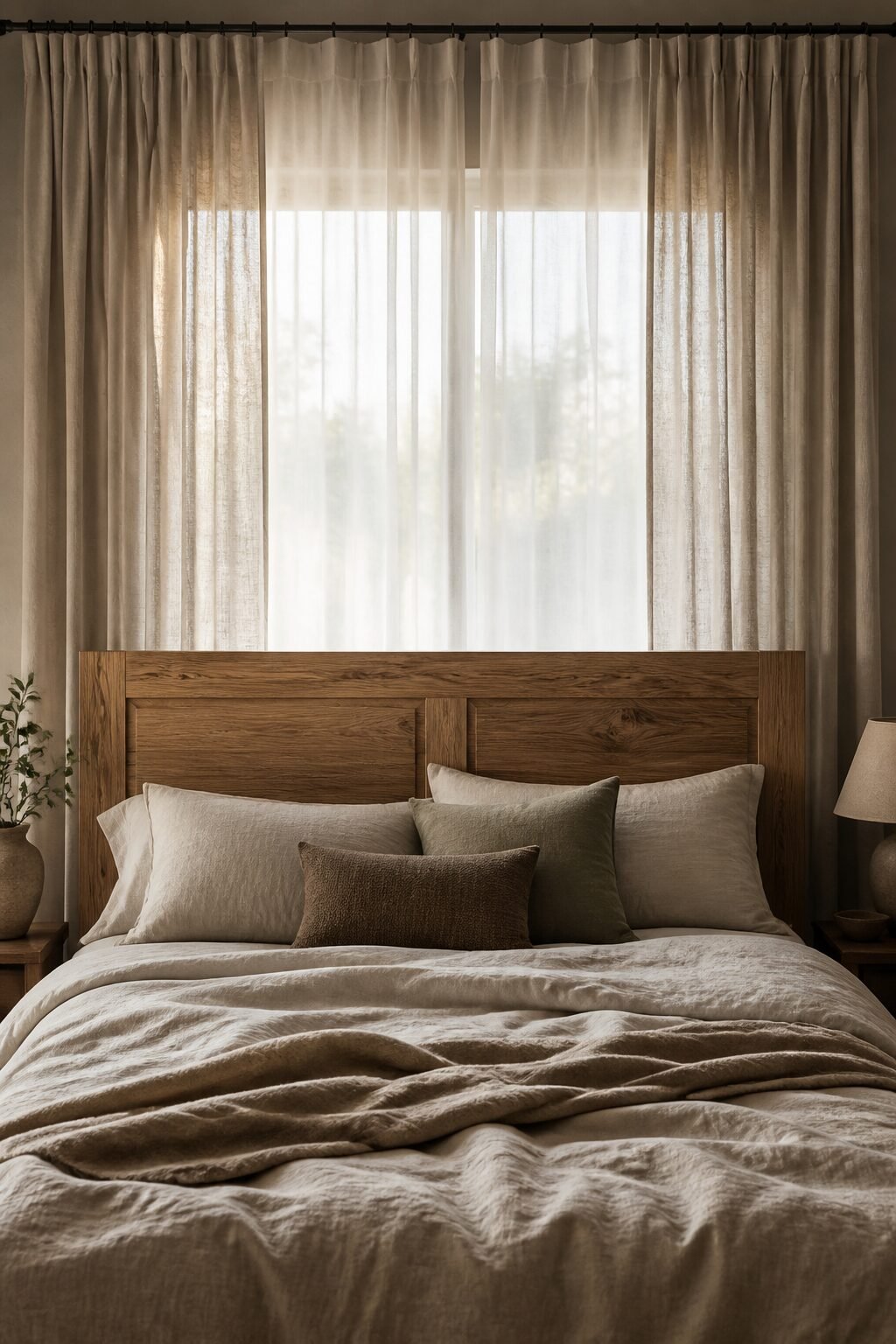 Wood headboard against window, layered linen curtains