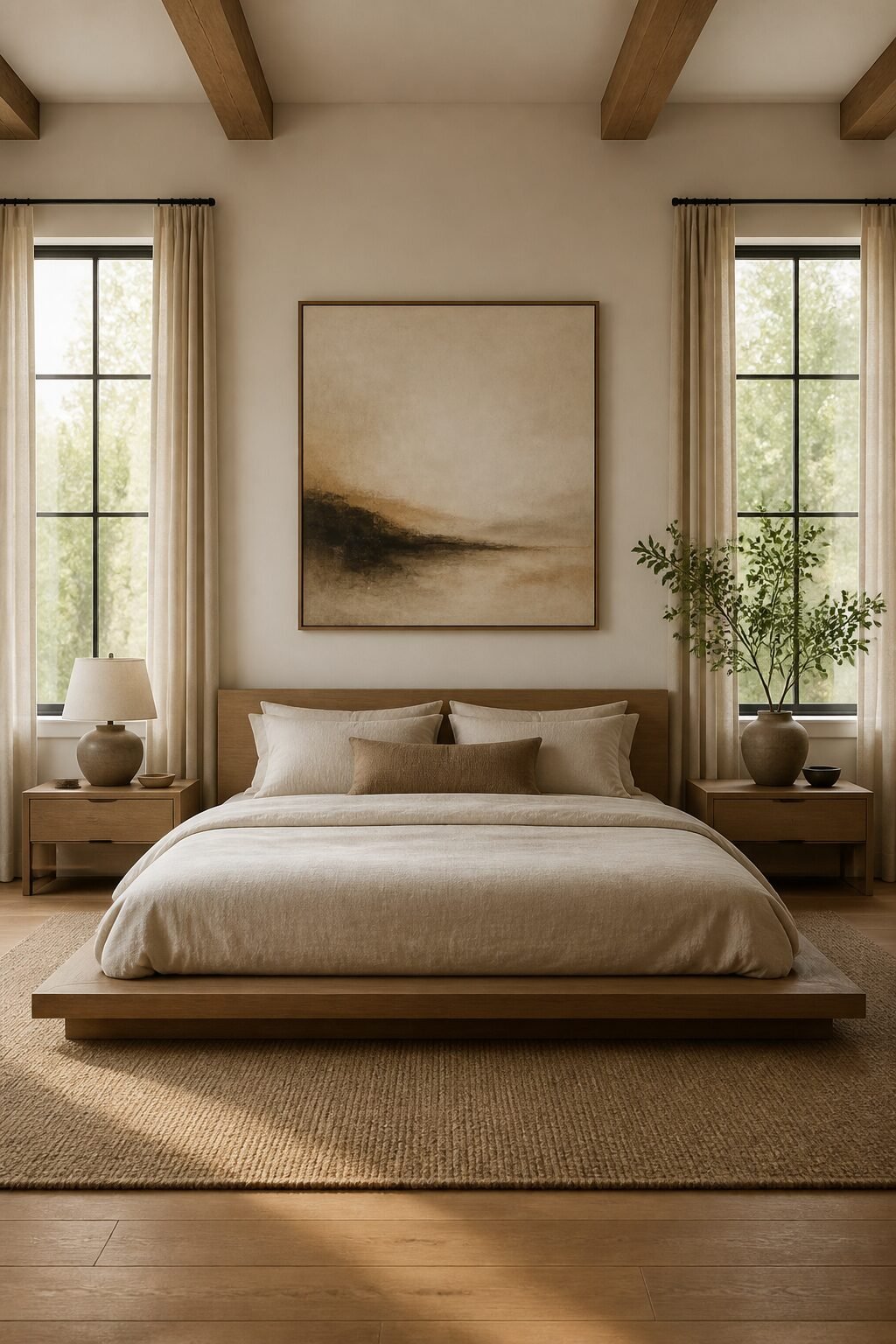 Low platform bed between two windows, balanced artwork