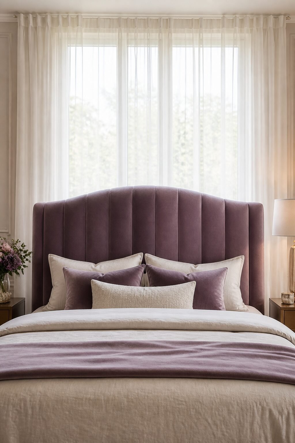 Velvet headboard in front of window, sheer white drapes