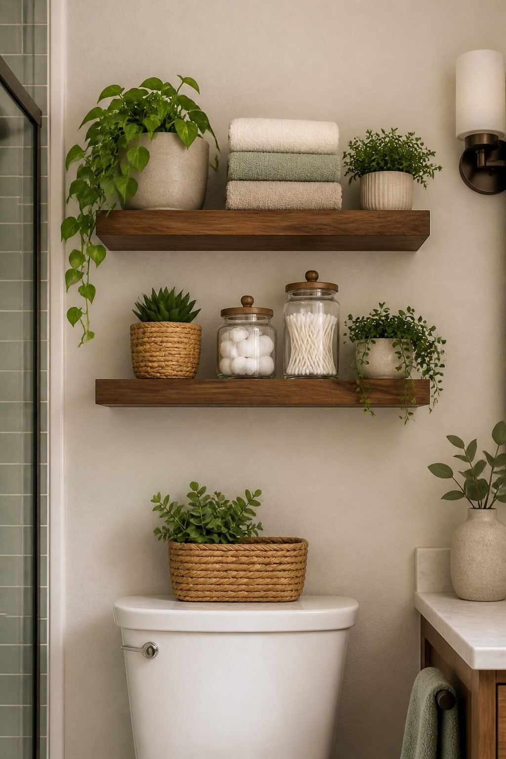 Floating shelves above toilet with towels, plants, cotton jars