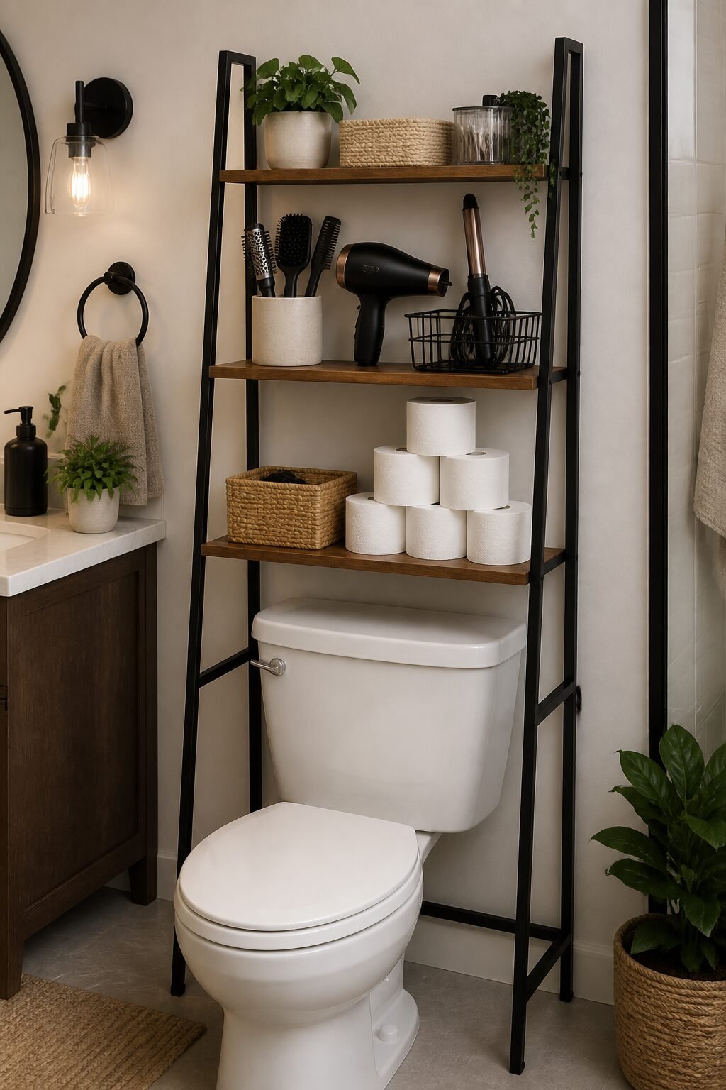 Over-toilet ladder shelf organizing toilet paper and hair tools