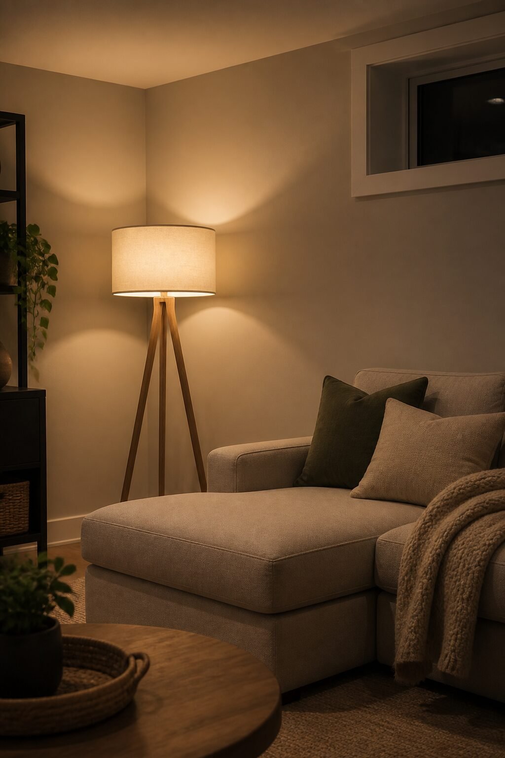 basement corner painted warm greige, 2700K floor lamp