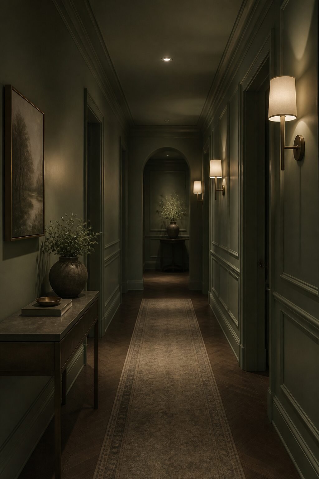 shady hallway in muted sage, dimmable sconces illuminated