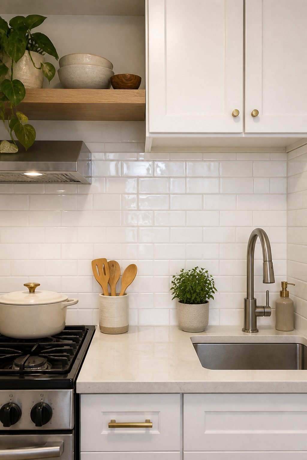 glossy white subway peel-and-stick backsplash in small kitchen