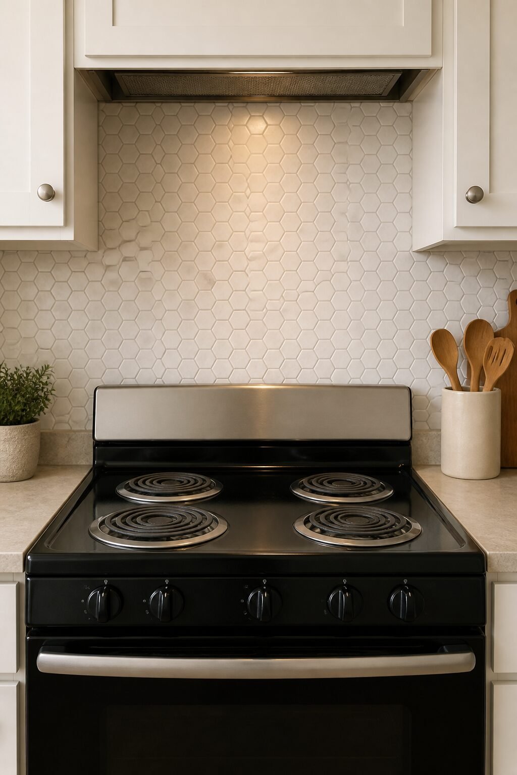 mini-hex peel-and-stick tiles behind rental stove