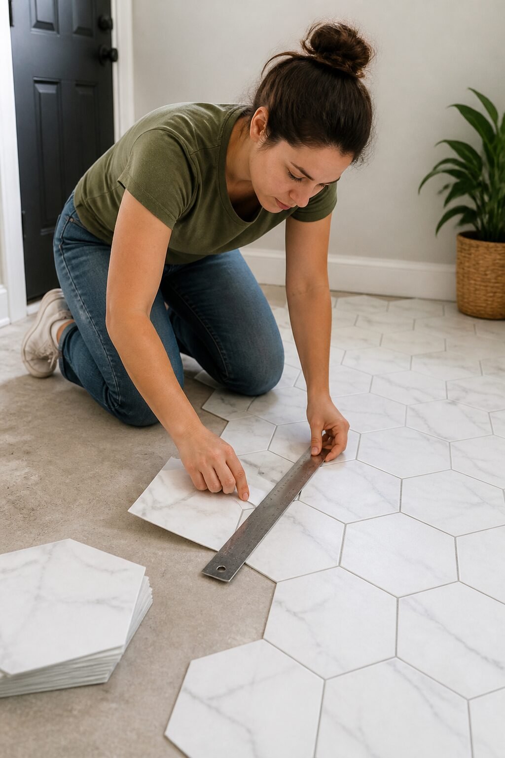 renter installing peel-and-stick tiles with metal ruler