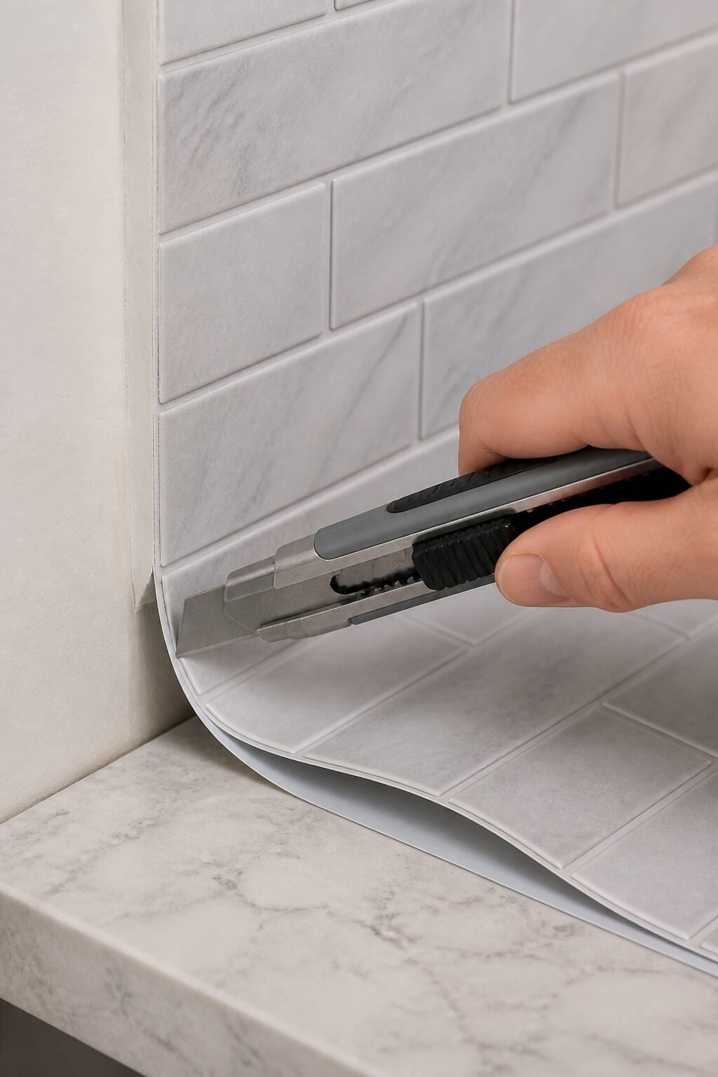 utility knife trimming peel-and-stick tile edge