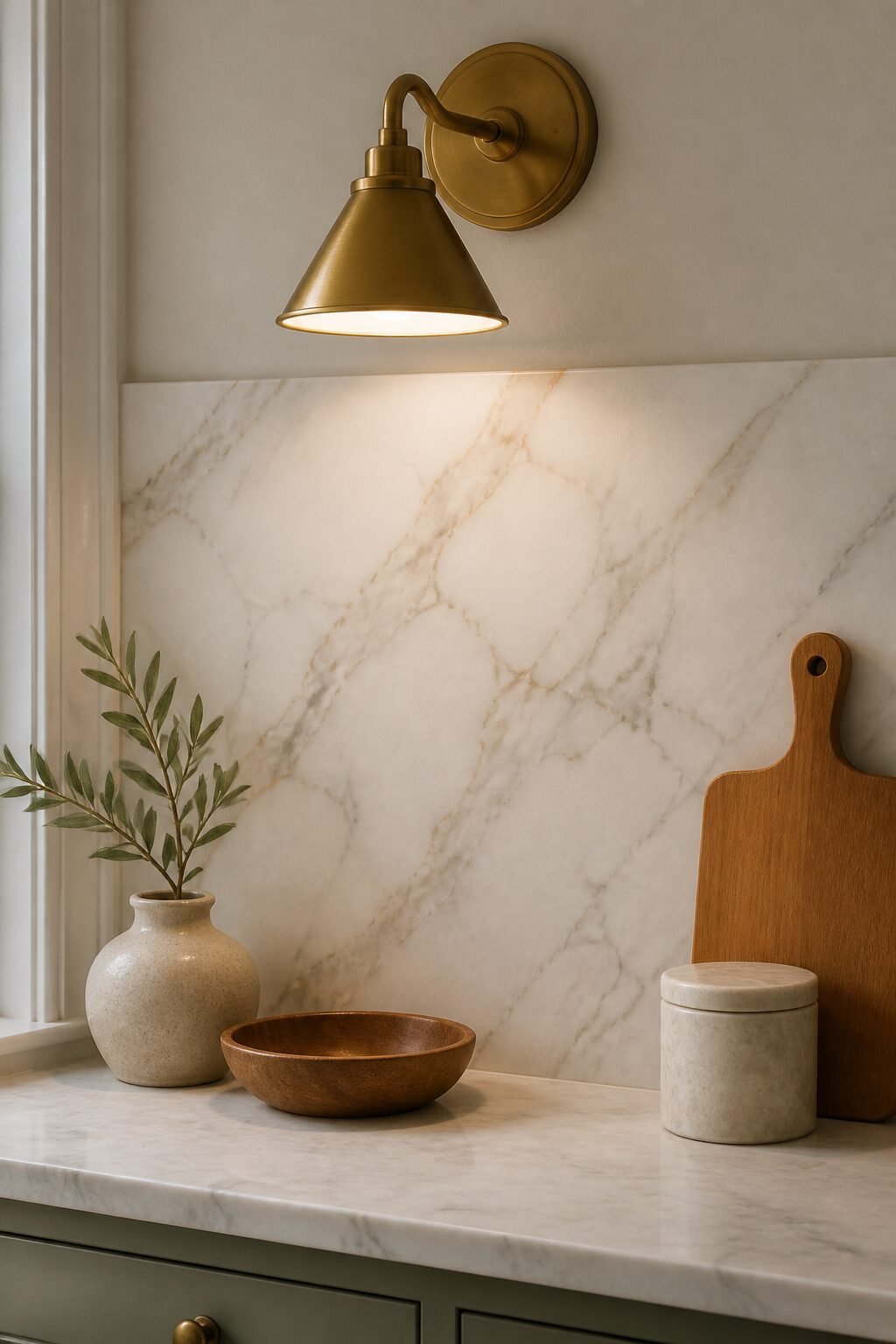 faux marble peel-and-stick backsplash under brass sconce