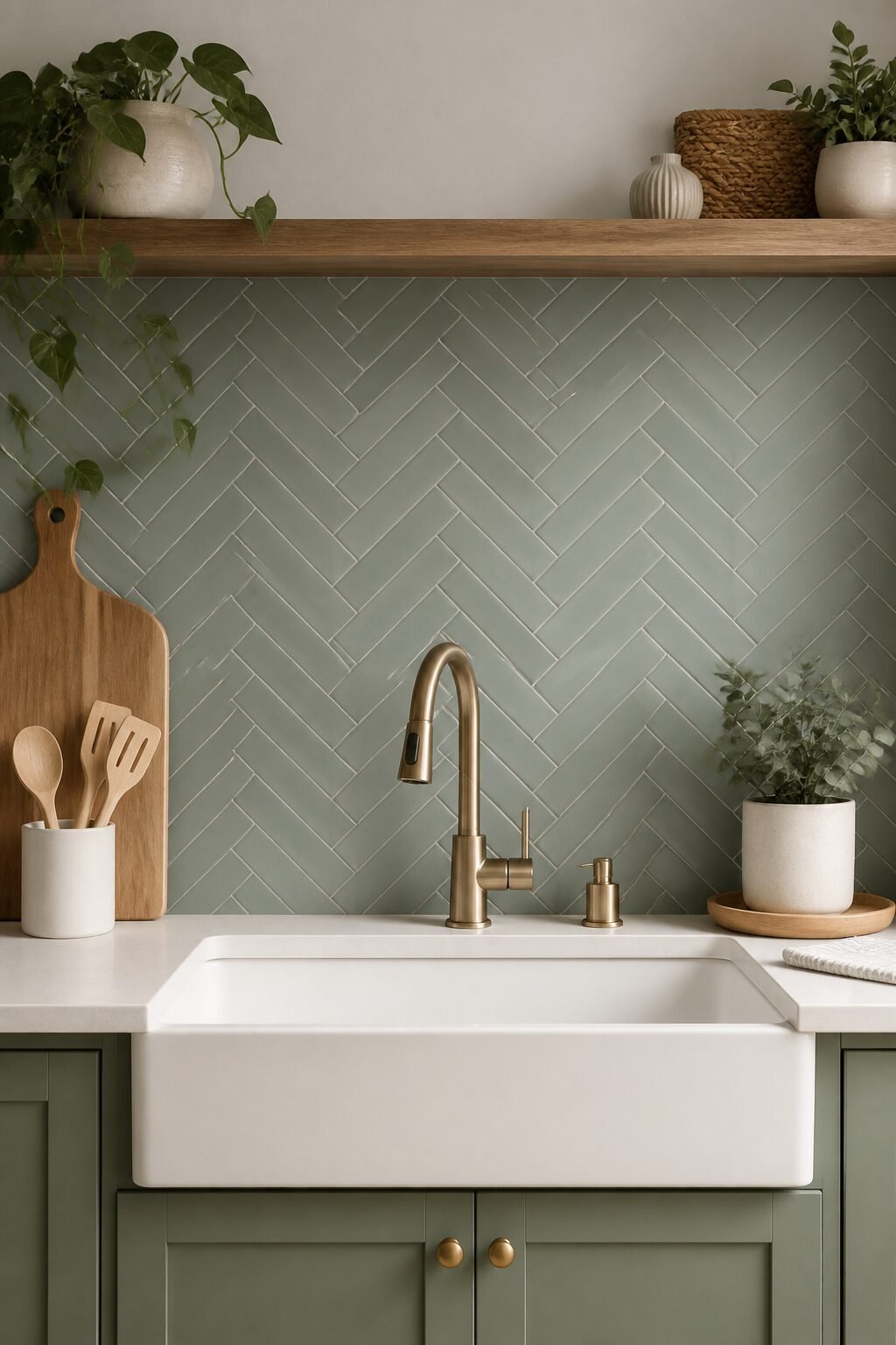 matte herringbone peel-and-stick tiles above sink