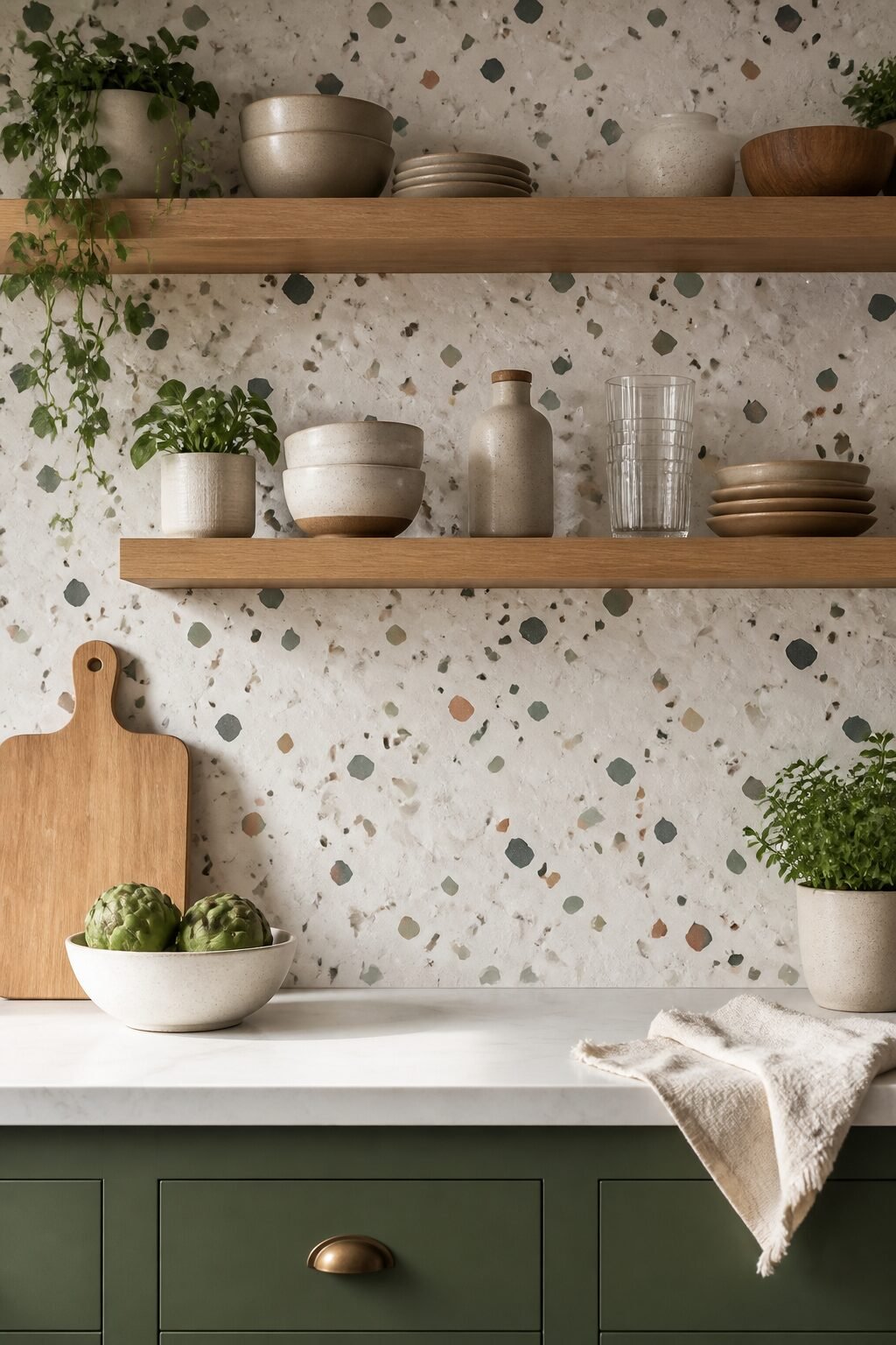faux terrazzo peel-and-stick backsplash with wood shelves