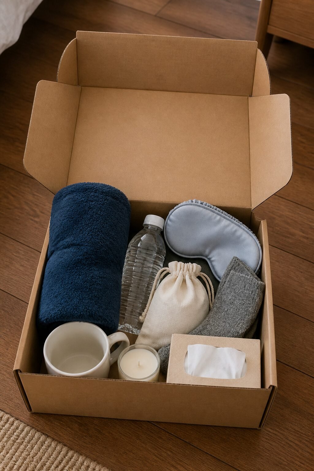 First-night kit in open cardboard box, wooden floor