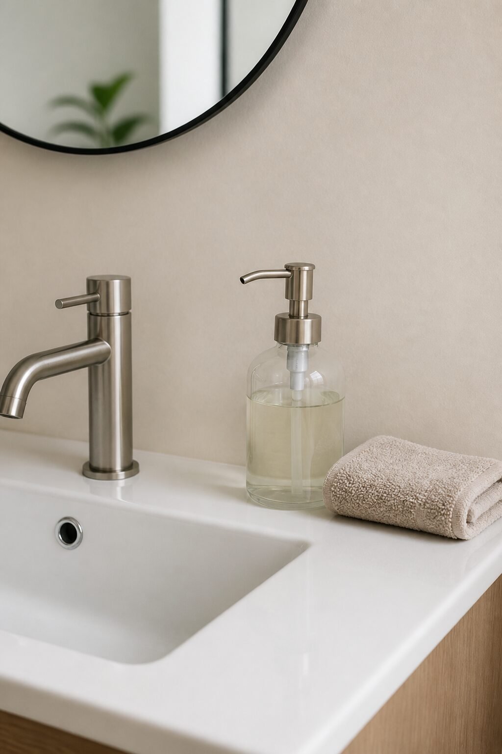 Hand soap and small towel on sink, minimalist