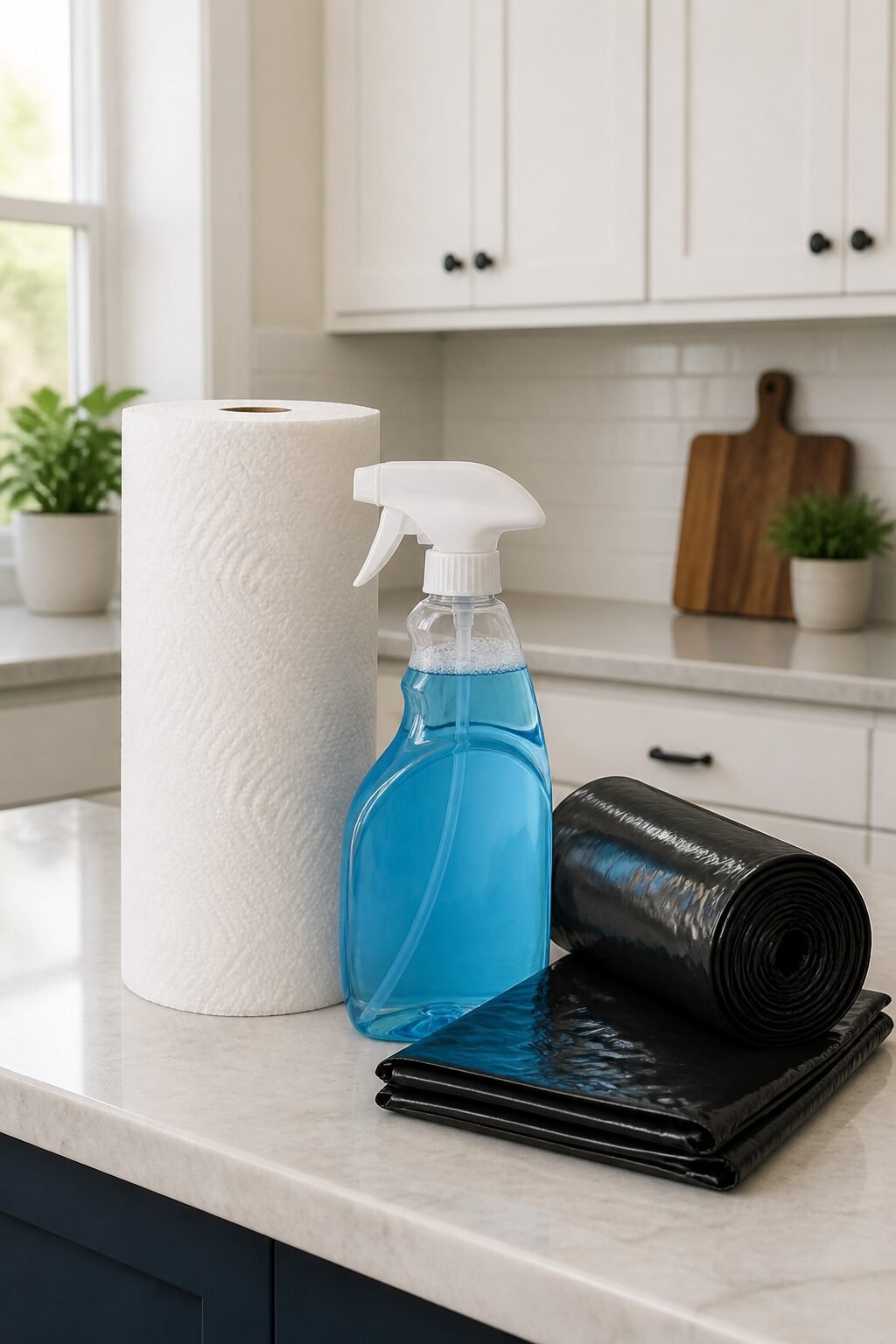 Paper towels, all-purpose cleaner, trash bags on counter