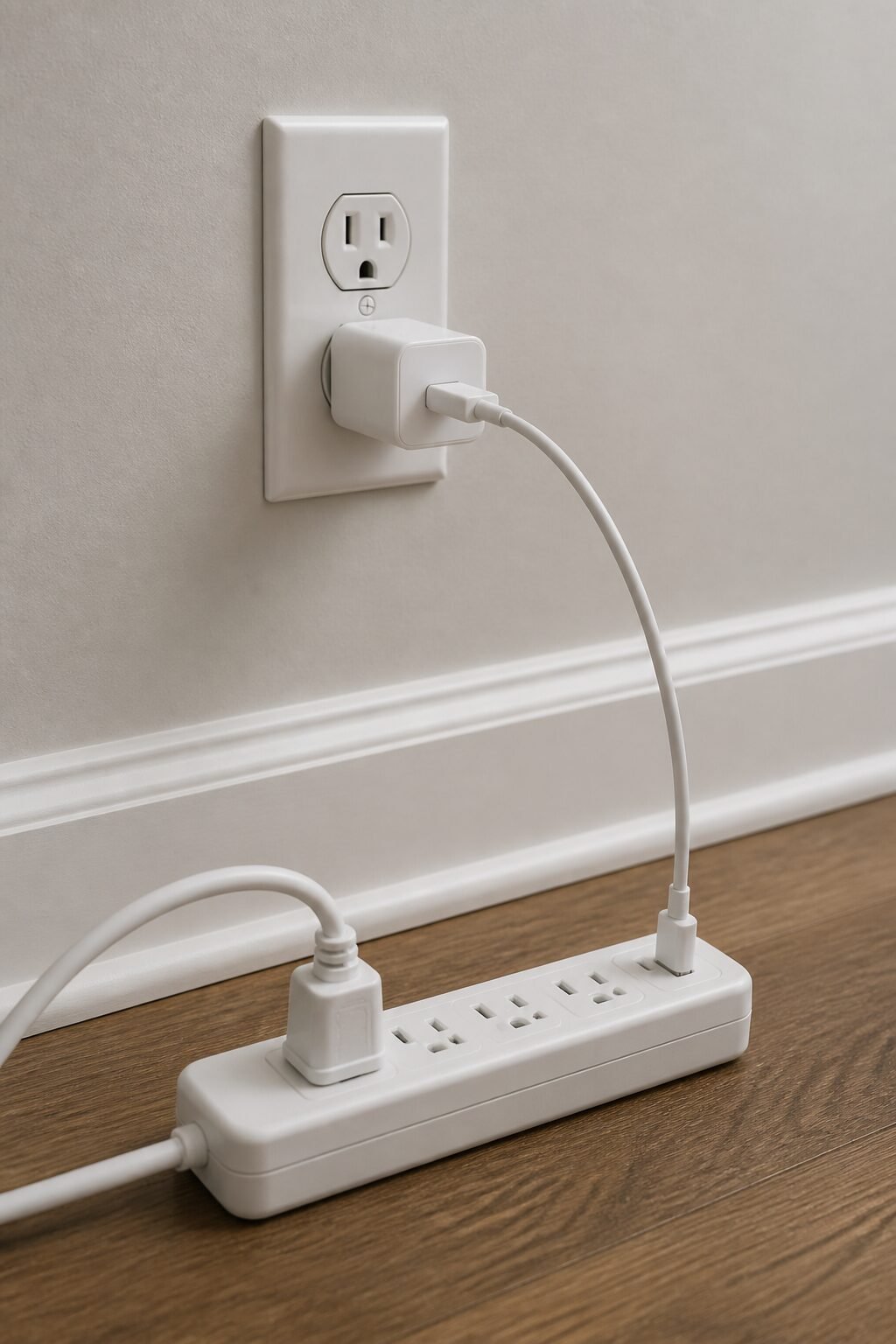 Phone charger plugged into power strip, baseboard outlet