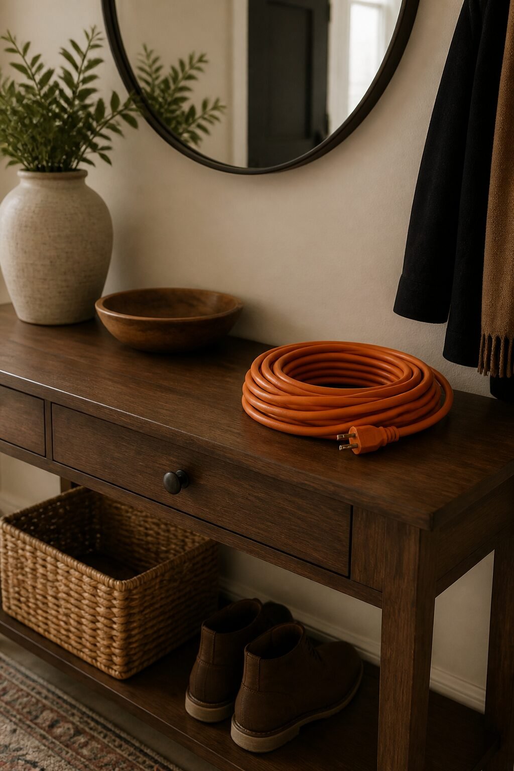 Extension cord coiled neatly on entryway table