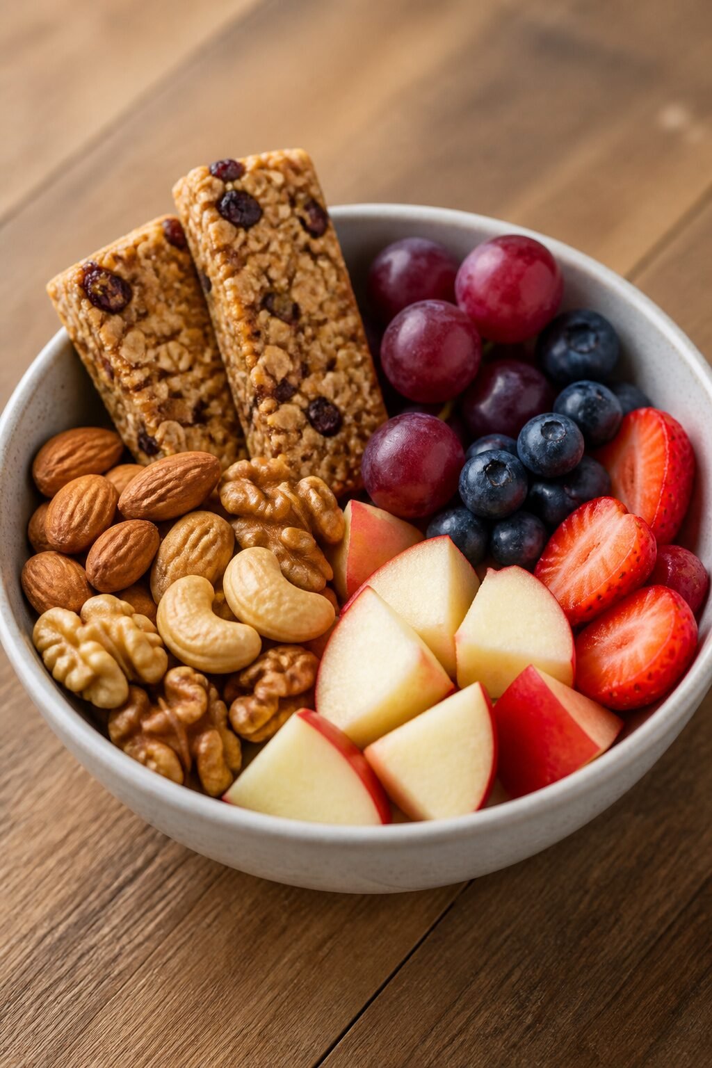 Basic snacks in bowl: granola bars, nuts, fruit
