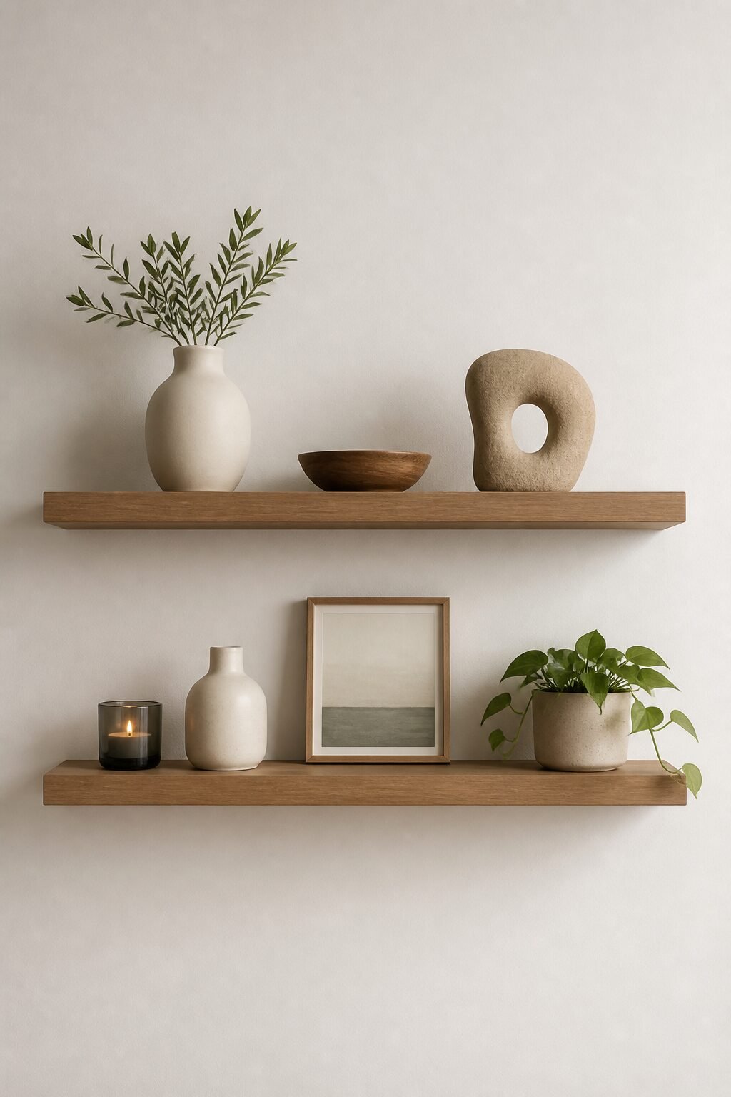 Minimalist floating shelves with seven curated items