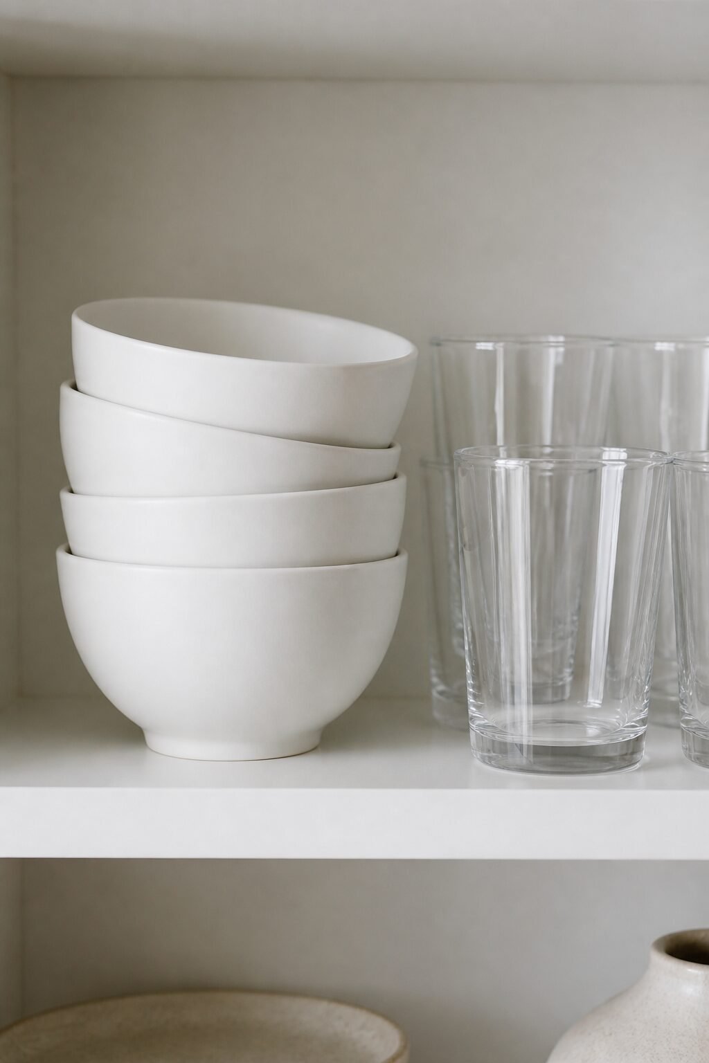Matte white bowls stacked beside clear glasses
