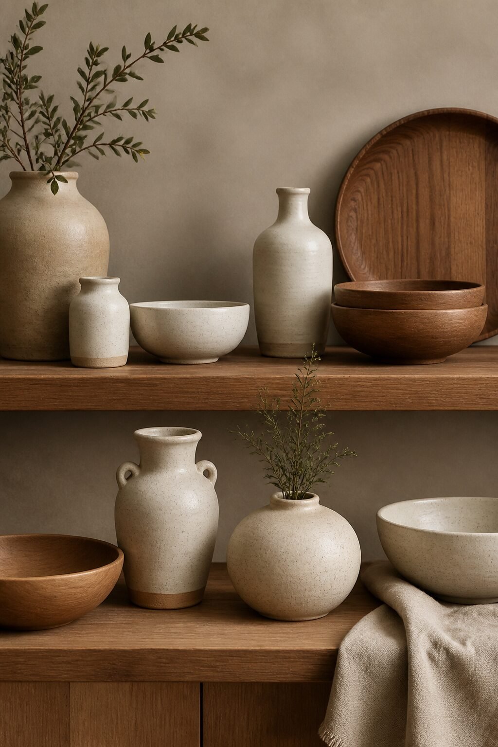 Neutral ceramics with warm wood accents