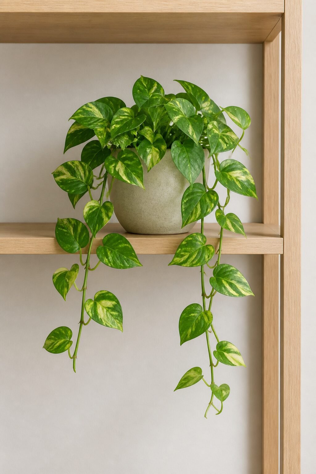 Single potted trailing pothos on open shelf