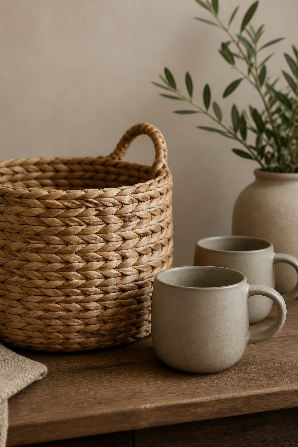 Woven basket next to matte stoneware mugs