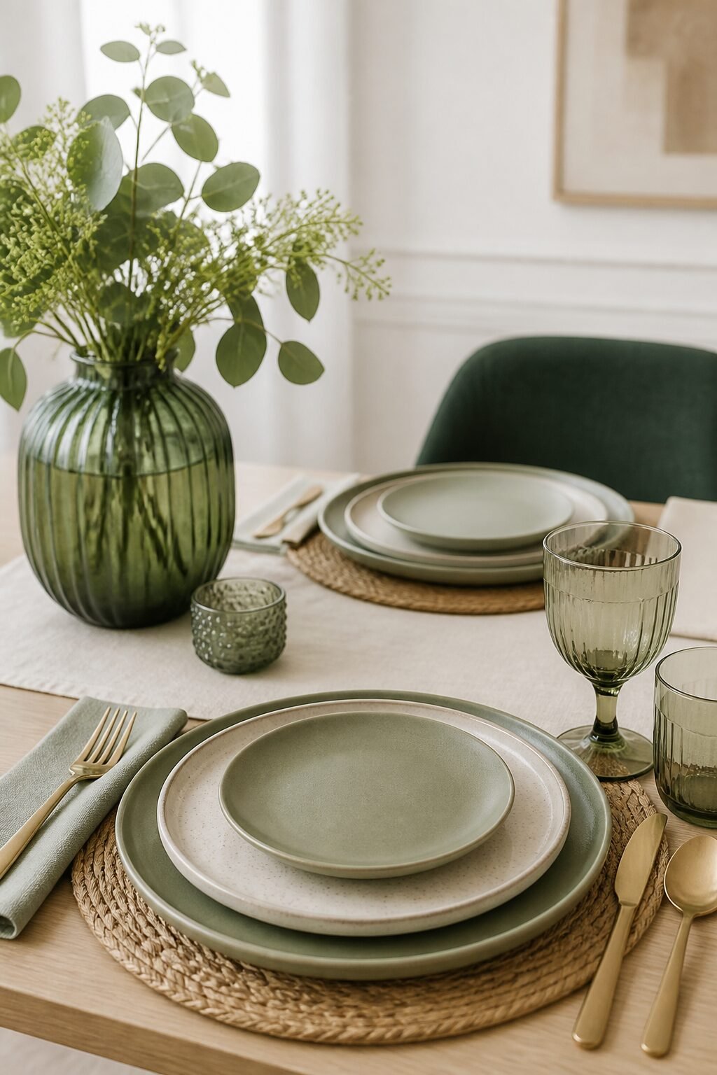 Color-coordinated plates with green accent vase
